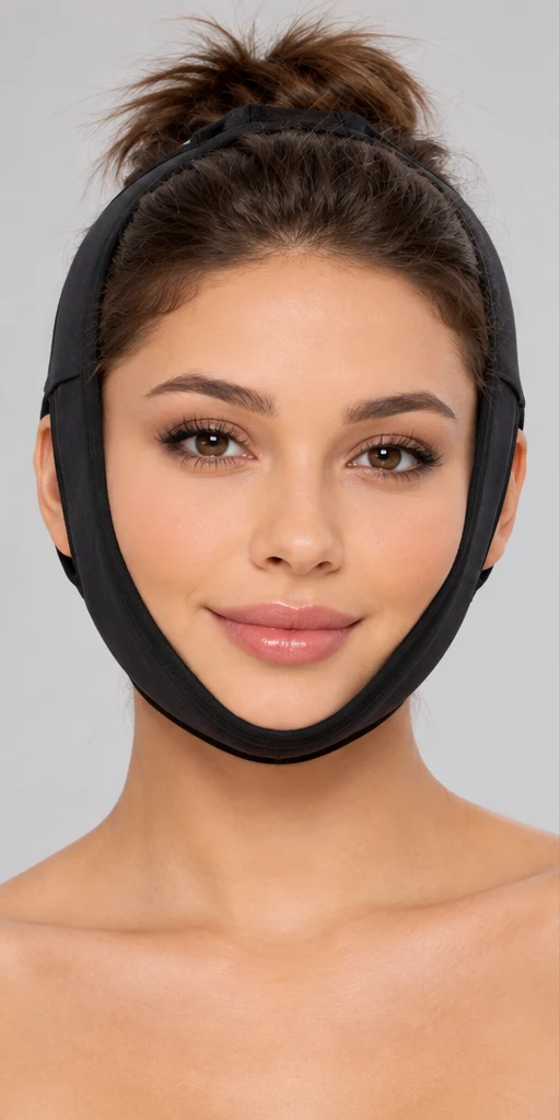 Modelo com faixa facial preta de apoio ao queixo e pescoço