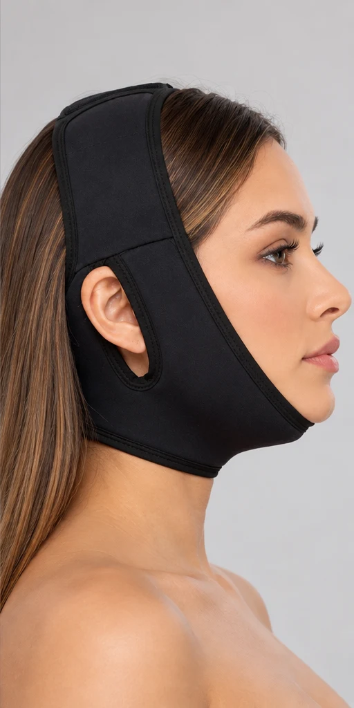 Modelo com faixa facial preta de apoio ao queixo e pescoço