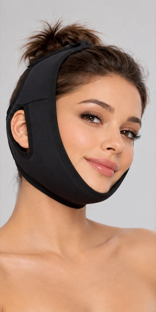 Modelo com faixa facial preta de apoio ao queixo e pescoço